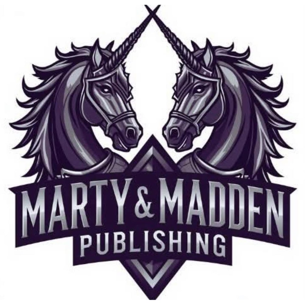 Marty & Madden Publishing logo with armored unicorns